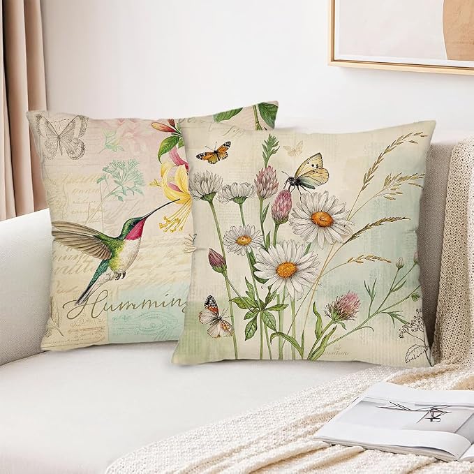 wyooxoo Throw Pillow Covers 18x18 Set of 4 Spring Summer Pillow Covers Flower Bird Farmhouse Outdoor Decorative Cushion Case for Sofa Couch Living Room