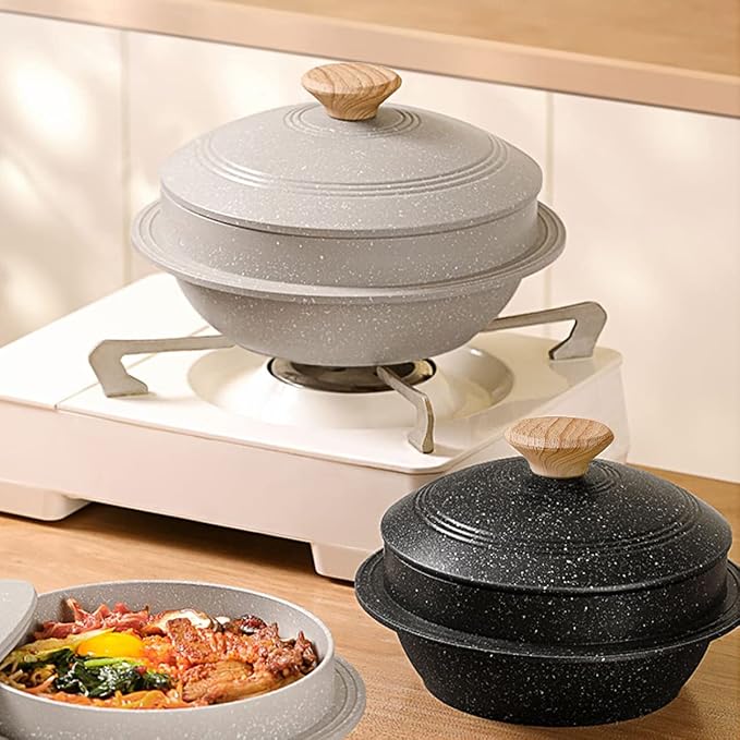 Korean Dutch Oven, Rice Pot, 63 oz Enameled Cast Aluminum Pot with Lid, Korean Stone Bowl for Induction, White