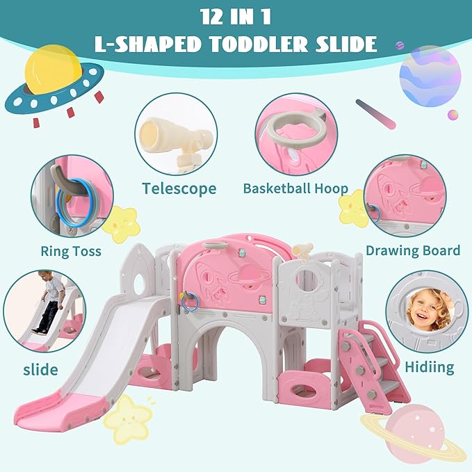 12 in 1 Toddler Slide, Astronaut Themed for Baby Slide Toddlers Aged 3+, with Astronaut,Telescope, Basketball Hoop and Ring Toss, Toddler Playset Pink Gray Combo