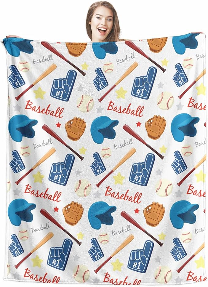 Wajade Baseball Gifts for Boys Girls - Baseball Blanket Birthday Christmas Decor for Kids Age 3 4 5 6 7 8 9 10 11 12 Years Old Teens Child Toddler Throw White 60"x80"