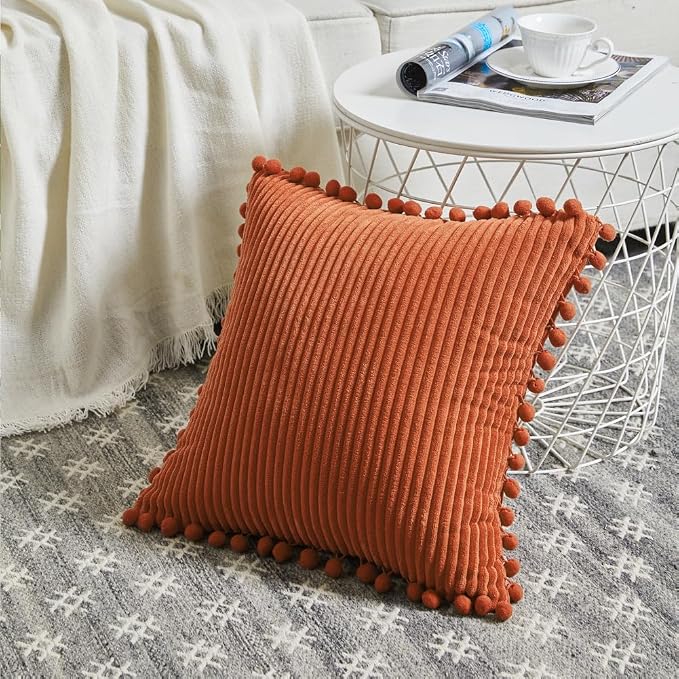 Fancy Homi Pack of 2 Burnt Orange Decorative Throw Pillow Covers 16x16 Inch with Pom-poms for Couch Bed Bedroom, Soft Corduroy Solid Square Cushion Case 40x40 cm, Farmhouse Boho Fall Home Decor