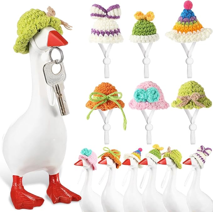 Geyoga 6 Pcs Mini Knitted Hats 7 Inch Goose Outfits Hat with Adjustable Strap Mini Porch Goose Headwear for Statue Key Holder