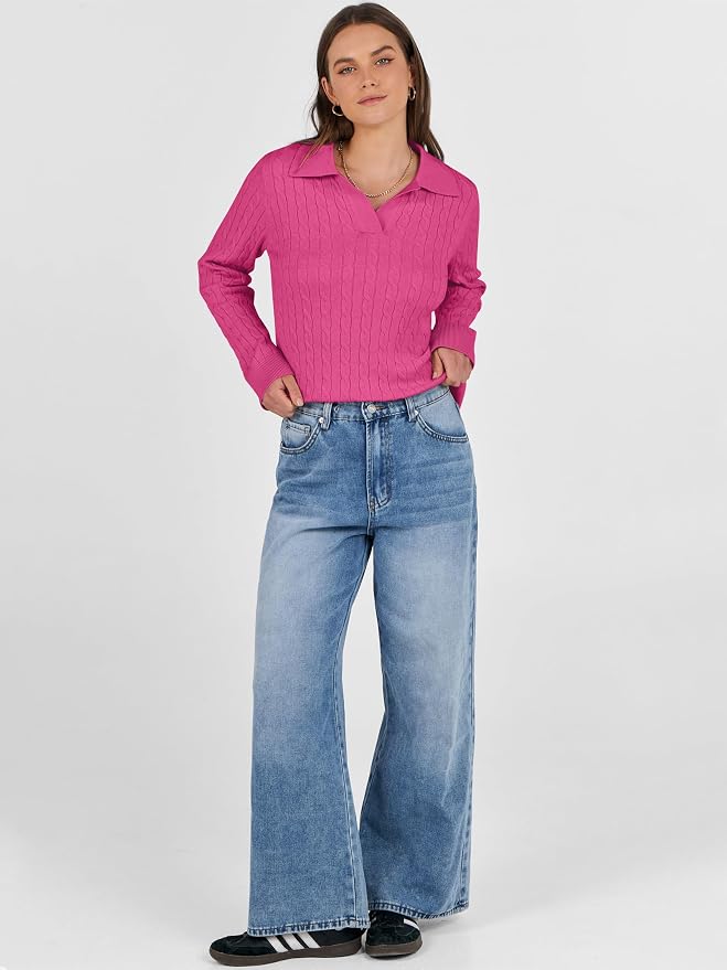 ANRABESS Womens Cable Knit Sweaters Long Sleeve V Neck | Pullover Collared Sweater Tops, Polo Knit Shirts, Business Casual Work, Tennis Golf, Fall Winter Fashion Outfits