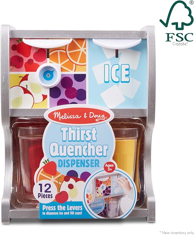 Melissa & Doug Thirst Quencher Wooden Drink Dispenser with Juice Inserts, Ice Cubes & Play Kitchen Accessories, Preschool Learning Toys for Girls & Boys 3+ - FSC Certified