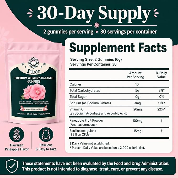 Pineapple Gummies for Women pH Balance, Feminine Probiotics for Vaginigal Health, Nutrition Feminine Gummies, Immune Support, Vegan, Gluten-Free, Hawaiian Pineapple 60 Gummies 30 Servings