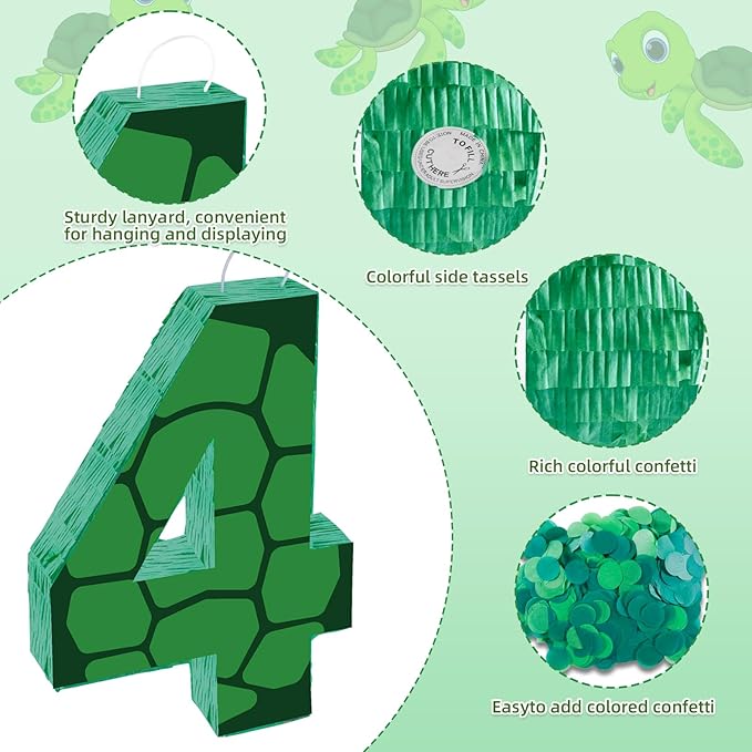 16 Inch Turtle Number 4 Pinata, Turtle Birthday Decorations, Turtle Theme Pinata with 16 Inch Stick Blindfold Confetti for Boy Girl Kids 4th Birthday Party Supplies(4th)
