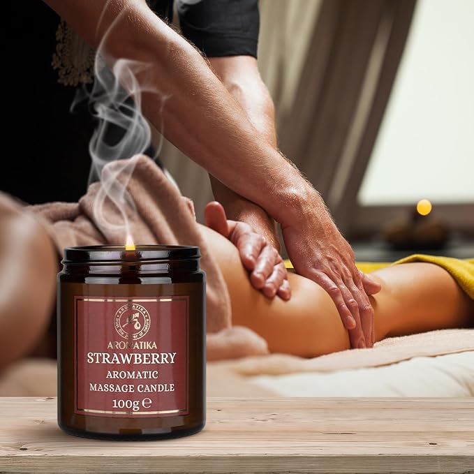 AROMATIKA Strawberry Scented Massage Candle - Soy Wax 3.5Oz - Relaxing Aromatherapy Candle - Glass Jar Gift