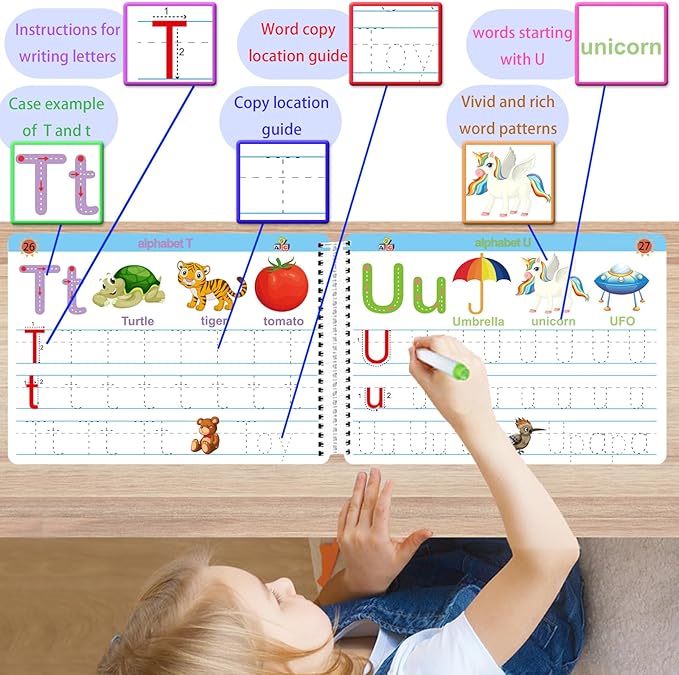 Montessori Preschool Learning Tracing Workbook - Toddler Handwriting Practice Letter and Numbers Busy Activity Book Dry Erase, Autism Materials Prek Educational Learning Toy for Kids Age 3 4 5