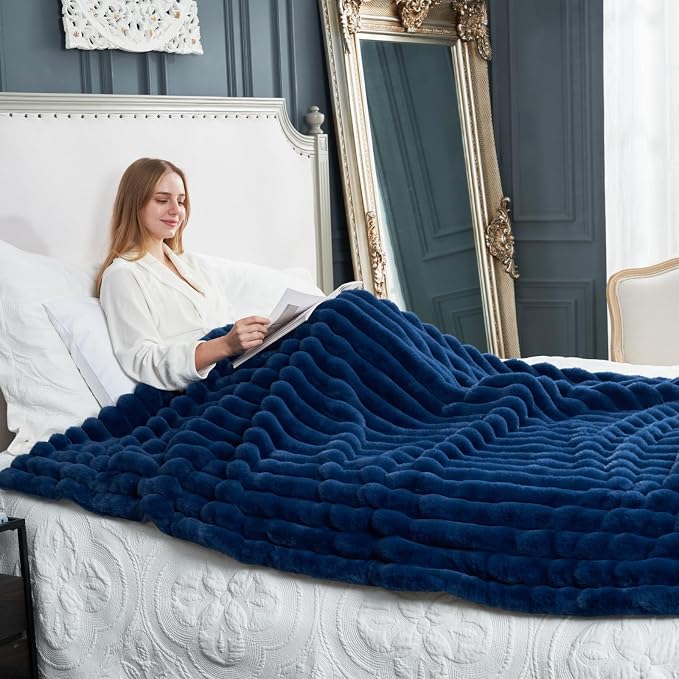 Cozy Bliss Faux Fur Throw Blanket for Couch, Cozy Warm Plush Striped Blanket for Sofa Bedroom Living Room, 60 * 80 Inches Navy Blue