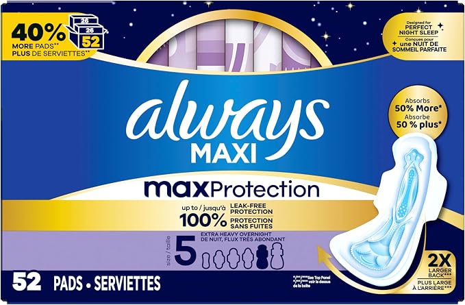 Always Maxi Overnight Feminine Pads with Wings for Women, Size 5, Extra Heavy Overnight Absorbency, Unscented, Up to 100% Leak-Free Protection, 52 Count