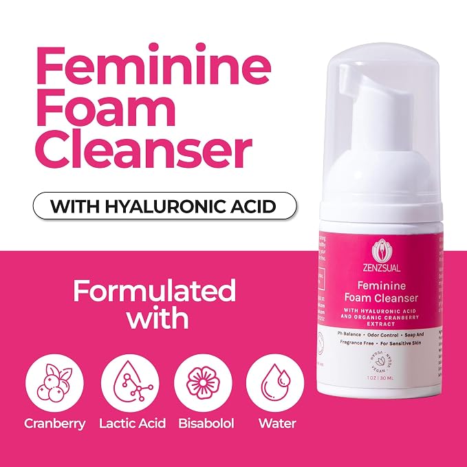 ZENZSUAL Feminine Foam Cleanser with Hyaluronic Acid & Organic Cranberry Extract – pH Balanced Feminine Wash for Sensitive Skin, Fragrance-Free Vaginal Cleanser, Hypoallergenic Intimate Care, 1 oz