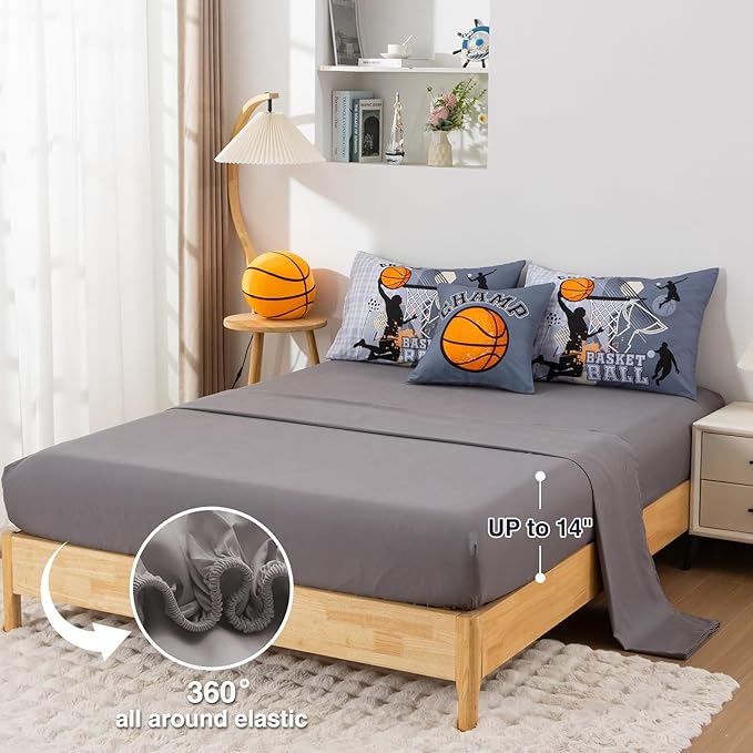 A Nice Night Comforter Set,6 Piece Bed-in-a-Bag with Comforter & Sheet Sets,Gray Background Basketball Court with Sportsman Slam Dunk Printing for Teen Boys,Queen