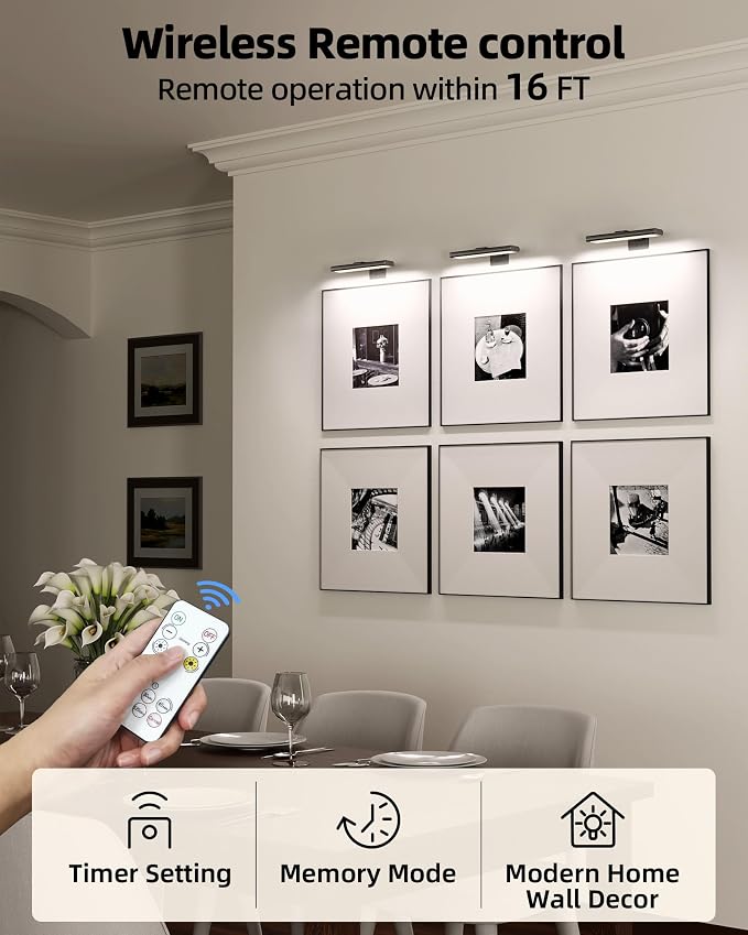 EZVALO Picture Light for Wall, Rechargeable 2400mAh Lights Wireless with IR Remote, 3 Color & Dimmable Magnetic 7.8'' LED Lights Display for Painting, Living Room, Gallery, Bedroom(Black-3P)