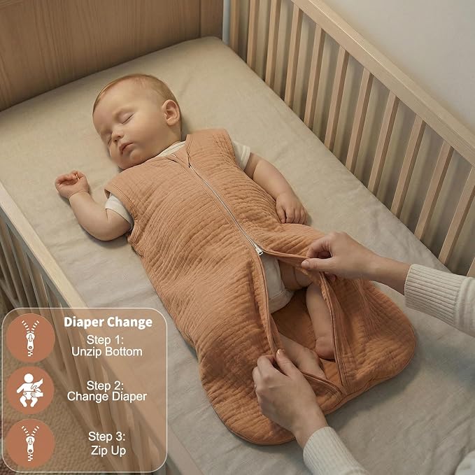 BSTOPPT 2 Pack Baby Sleep Sack 18-24 Months 100% Organic Cotton Muslin Baby Sleeping Bag 2-Way Zipper Wearable Blankets TOG 0.3 (Beige & Khaki, X-Large)