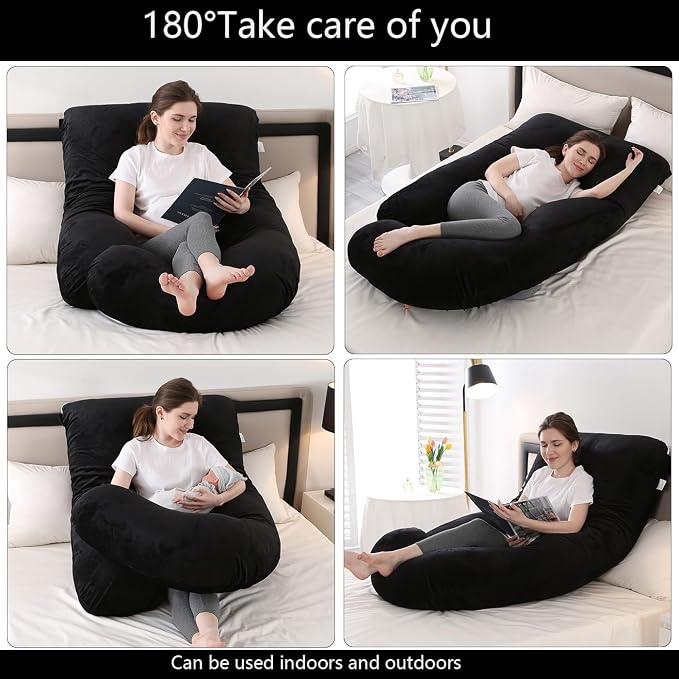 Jcickt Pregnancy Pillow for Sleeping,59 inch Maternity Pillow with Removable Washable Cover,J-Shaped Velvet Full Body Pregnant Pillow -Support for Backs,Legs, Belly, HIPS, Improve Sleep-Black