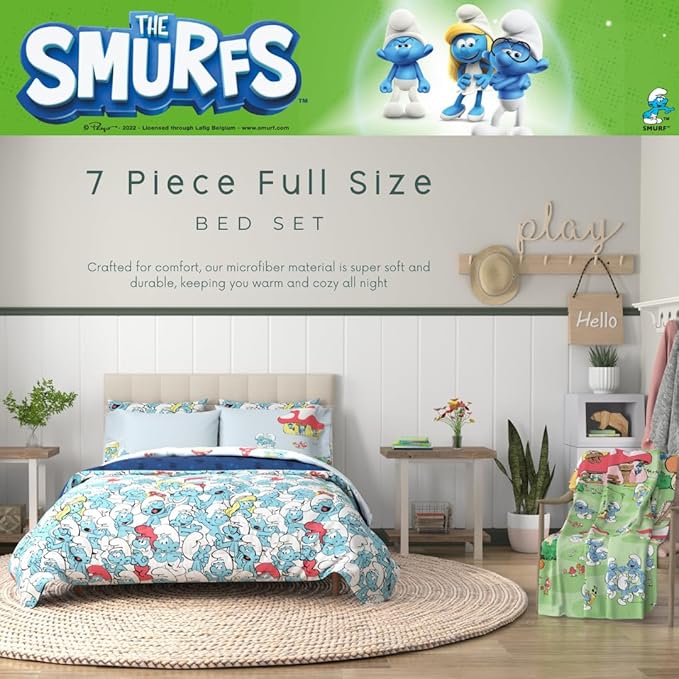 The Smurfs Kids Bedding Super Soft & Cozy Reverisble Microfiber Comforter and Sheet Set with Sham, 7 Piece Full Size, (Officially Licensed Product) By Franco