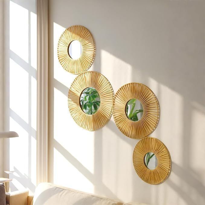 Artilady Hanging Baskets Wall Art with Mirror, 4Pcs Boho Wicker Wall Decor | Woven Wicker Basket, Farmhouse Rustic Jute, Bedroom Living Room Nursery Home Decor