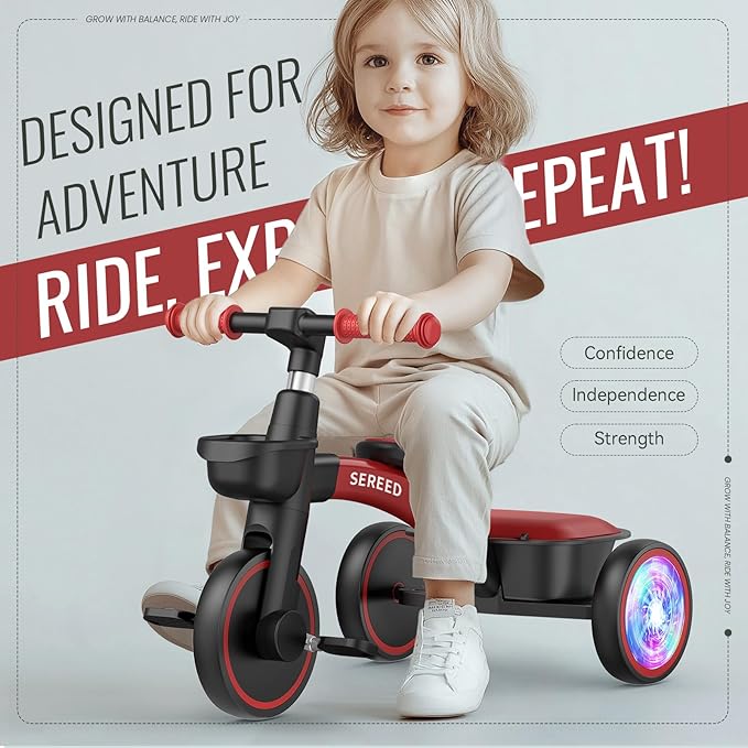 SEREED Colorful Lighting Toddler Tricycle for 2-5 Years Old Boys Girls, Adjustable Seat&Handlebar Trike, Removable Basket, Birthday Gift Idea for Kids Ages 2+ (Red Black)