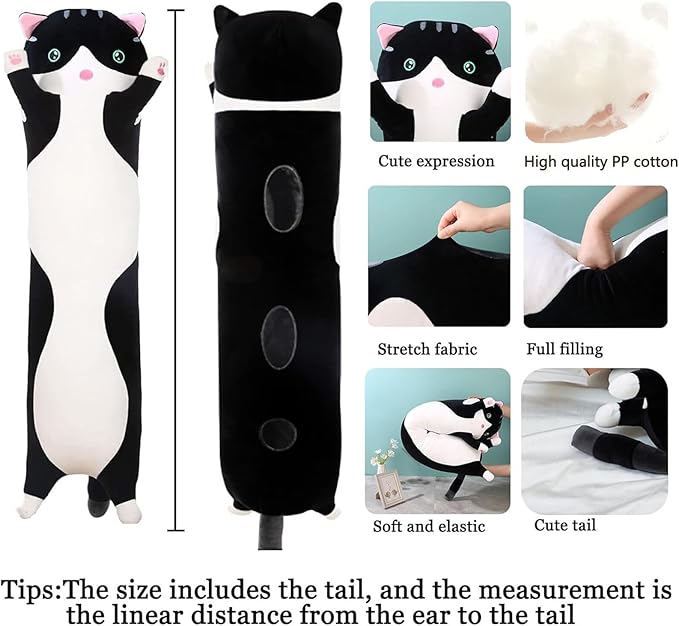 Long Cat Plush Pillow Soft Cat Hugging Pillow Stuffed Animal Pillow Cute Kitty Sleeping Throw Pillow Gift for Kids(70cm/27.55inch,Black