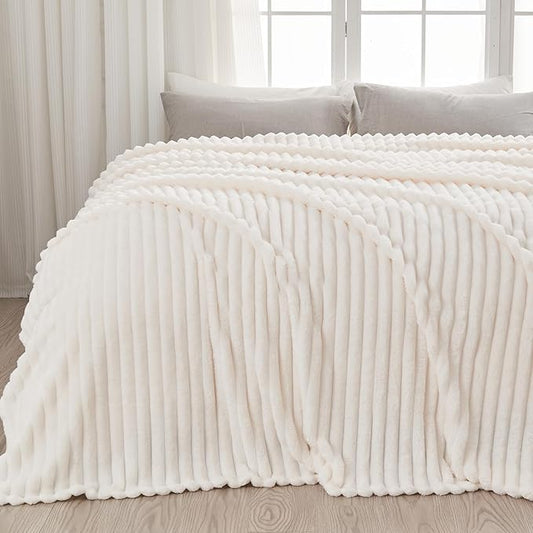 NEWCOSPLAY Super Soft Queen Blanket Ivory Premium Silky Flannel Fleece 3D Ribbed Jacquard Lightweight Bed Blanket All Season Use (Ivory Ribbed, Queen(90"x90"))