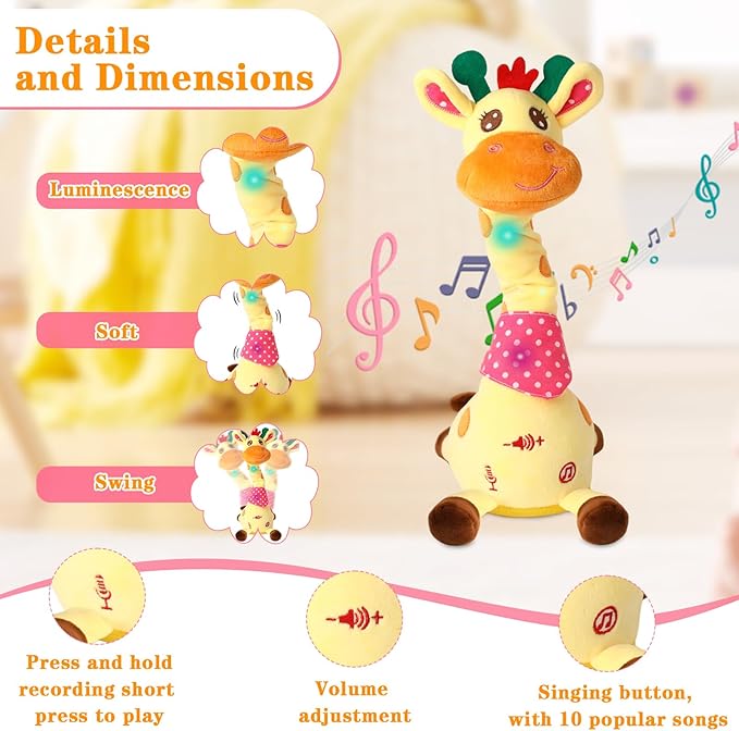 Dancing Giraffe Stuffed Animal Baby Toys Singing Song Toddlers Toy Repeats What You Say Glowing Musical Toy for Baby Birthday Gift