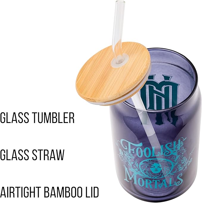 Silver Buffalo Disney Haunted Mansion “Foolish Mortals” Featuring Madame Leota Glass Jar Tumbler with Bamboo Lid and Glass Straw, 16 Ounces