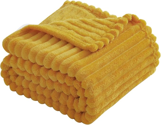 Mustard Yellow Fleece Throw Blanket 50”×60” for Couch Sofa Livingroom | Linecooo Super Soft Cozy Plush Microfiber Flannel Bed Blanket Striped Design Lightweight Home Decor Gifts for Adult Mom Women