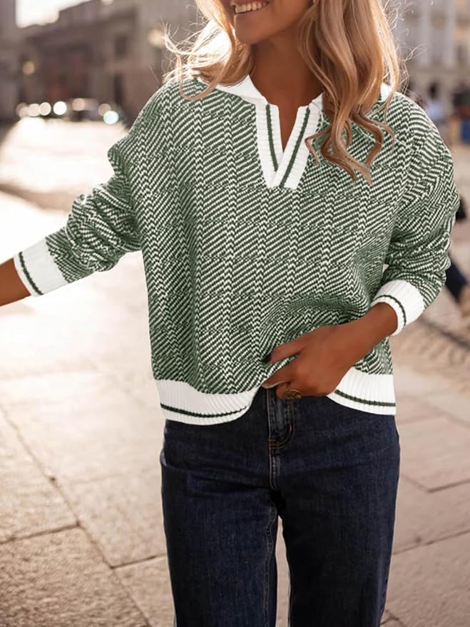 Saodimallsu Womens Fall Sweaters Tops Lapel V Neck Knit Color Block Shirt | Winter,Long Sleeve,Casual,Soft,Pullover,Cozy,Ribbed,Ladies,Chunky,Warm Sweaters,Checkered,Tunic,Work