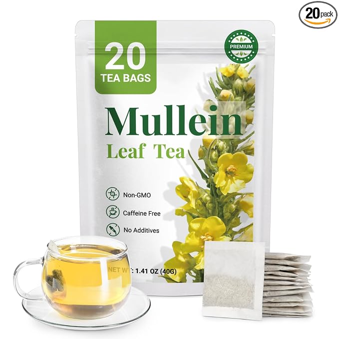 Premium 20 Mullein Tea Bags For Lungs - 100% Pure Mullein Leaf | For Lung Health & Respiratory Wellness Support | Caffeine Free - No Additives & Non-GMO | Plastic-Free, Plant-Based Tea Bags