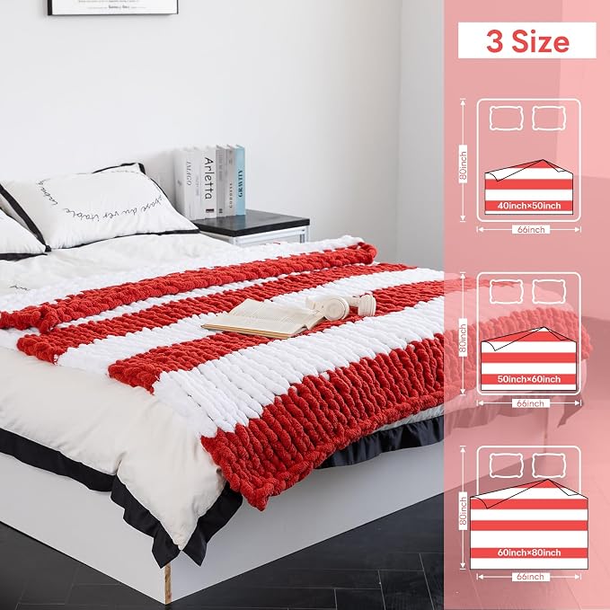 Chunky Knit Blanket - Luxury Soft Cozy 60 * 80 Throw Blanket,100% Woven Blanket Rope Knot Throw Blanket for Couch, Sofa, Home Decor, Gift - Machine Washable (White/Wine red, 60 * 80)