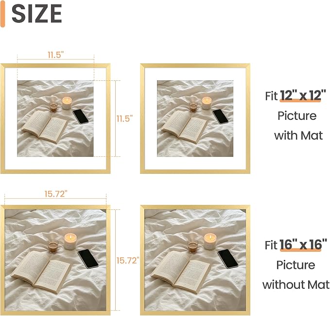 upsimples 16x16 Picture Frame, Display Pictures 12x12 with Mat or 16 x 16 Without, Wall Hanging Square Frames, Gold, 1 Pack
