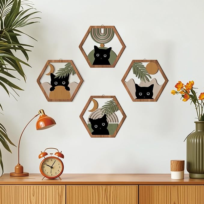 HPNIUB Boho Black Cat Wall Decor, Farmhouse Geometric Hanging Wooden Wall Art, 4 Pieces 11''x9.8'' Mid Century Bohemian Abstract Moon and Sun Wood Sign for Nursery Bedroom Decoration, Lovely Cat Gifts