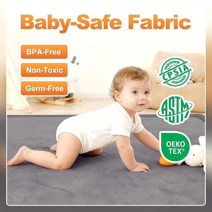 Ultra Soft Play Mat for Floor, 59"×71" Playpen Mat, 1.3" Thick Memory Foam, Non-Slip Tummy Time Mat for Infants, Toddlers, and Kids – Water-Repellent Coral Velvet, Easy Care