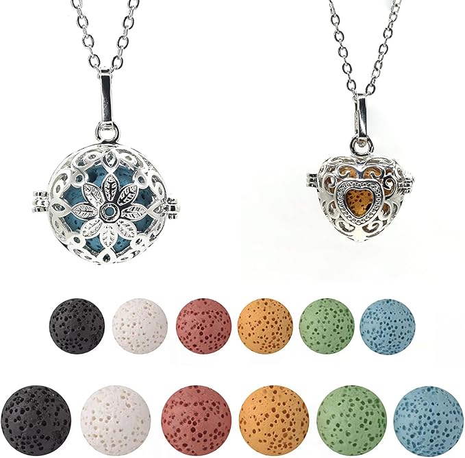 2 PCS Aromatherapy Essential Oil Diffuser Necklace Hollow Ball and Small Heart Shape Colored Lava Stone Pendant Necklace for Women…