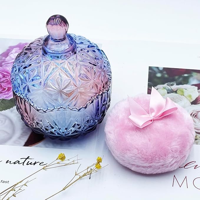 Luxury 4 Inch Glass Powder Container with 2 Soft 3.5" Puffs｜Non-Sealed Refillable Organizer for Body Powder, Makeup & Jewelry｜Setting Powder Applicator w/Loose Powder Storage(Crown-Colorful Purple)