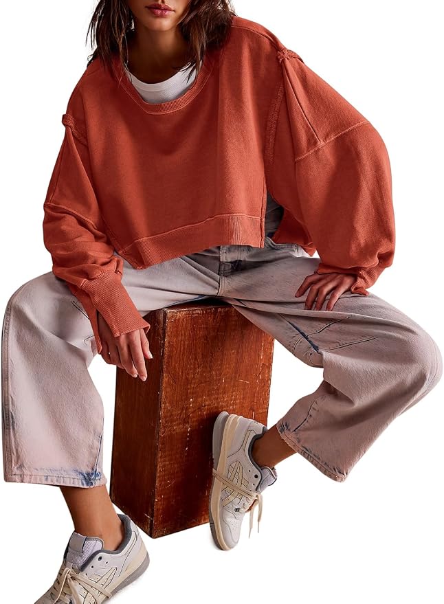 Zwurew Womens Casual Sweatshirt Cropped Shirts | Loose Fit, Tee Top, Pullover, Crop Hem, Design Trim, Daily Tops