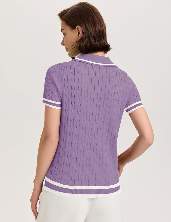 Micoson Womens Short Sleeve Sweater Tops Lapel V Neck Polo Shirts 2026 | Summer Cable Knit Loose Blouses, Business Casual Outfits