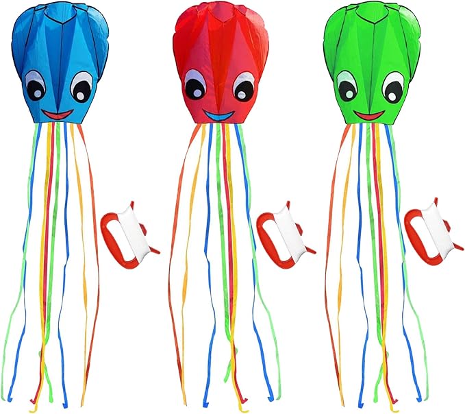 3 Pack Large New Upgraded Smiley Octopus Kites, Long Tail Beautiful Kite for Kids Adults Easy Fly to for Beach Great Outdoor Games and Activities with Family, Red Blue Green 3 Colors
