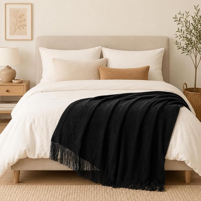 BATTILO HOME Black Throw Blanket for Couch, 50"x60" | Bed Throws for Home Decor, Decorative Black Knit Throw for Sofa Living Room