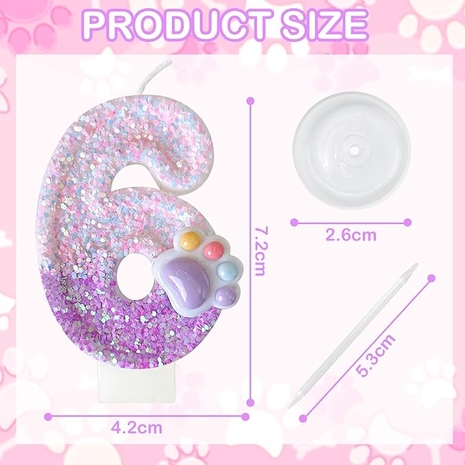 Pink Cat and Dog Paw Birthday Number Candles, Cupcake Decorations, Dog Theme Candles, Suitable for Party Celebrations, Birthday Decoration Supplies (Number 6)
