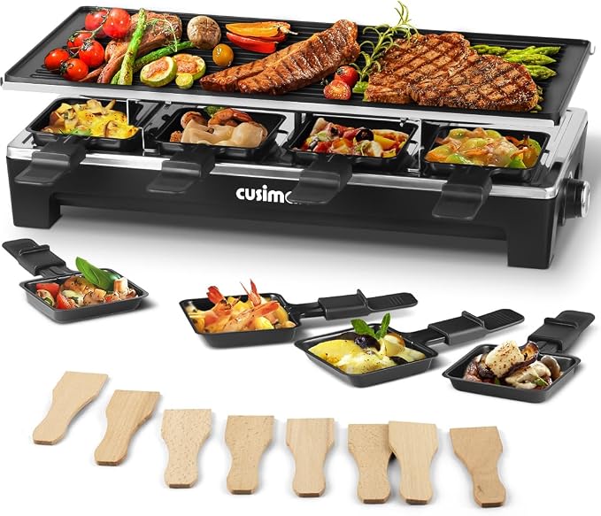 Raclette Table Grill, CUSIMAX Electric Indoor Grill Korean BBQ Grill, Black | 1500W/2 in 1 Reversible Non-stick Plate/Crepe Maker with Adjustable Temperature Control/8 Raclette Pans & Wooden Spatulas
