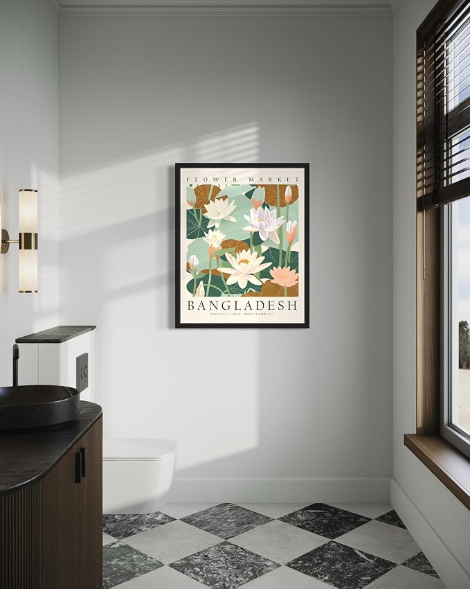 Bangladesh, White Water Lily Art Print Poster, Flower Market Wall Art, Floral Artwork Decor for Bedroom, Kitchen, Bathroom, Livingroom Decoration 52 (Bangladesh, White Water Lily, 10"L x 8"W, Unframed)