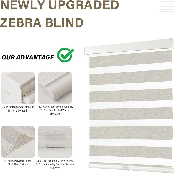 AOSKY Cordless Zebra Blinds for Windows Pull Down Roller Window Shades Dual Layer Light Filtering Privacy for Day and Night, Free-Stop Door Shades for Home Easy to Install Linen Cream 45" W X 72" H