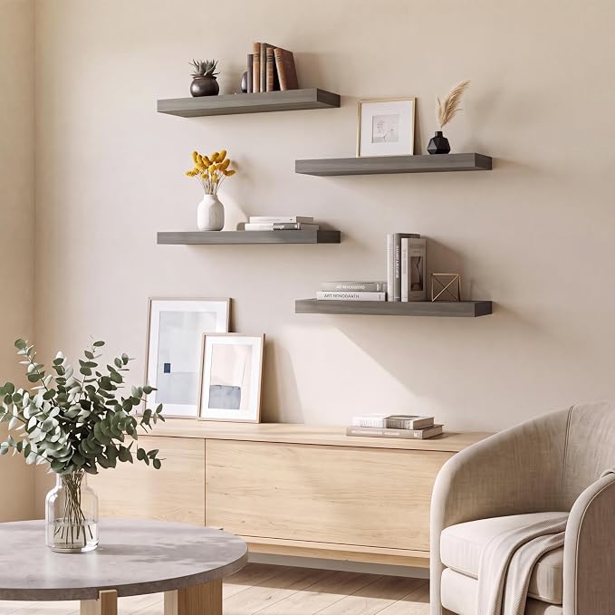 Fixwal 15.7in Floating Shelves, Rustic Wood Finish Wall Shelves Set of 4, Shelves for Wall Decor, with Invisible Brackets for Bathroom, Living Room,Bedroom and Kitchen(Gray)