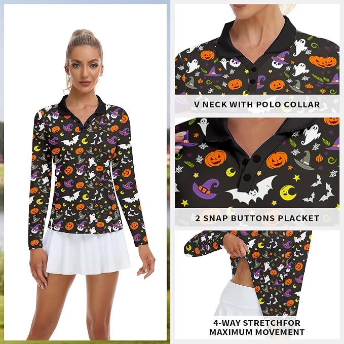 Soneven Womens Golf Shirts Moisture Wicking V Neck Long Sleeve Polo Shirts Collared Tops