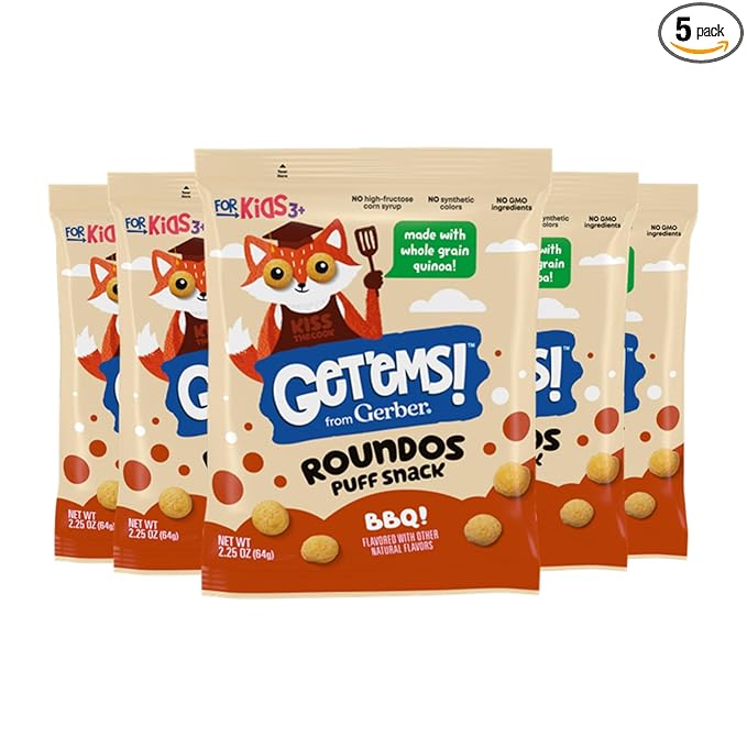 Get'ems! from Gerber, Snacks for Kids, BBQ Roundos, Made with Whole Grain Quinoa, Calcium to Support Strong Bones - 5 pack