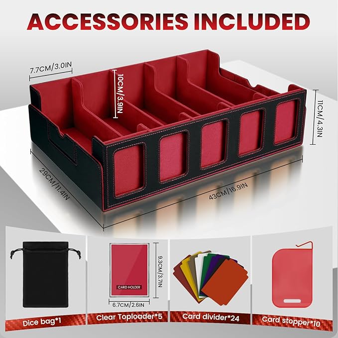 Red Trading Card Storage Box with Handle,5-Row Portable Deck Case for 4000+ Cards, Leather Card Collection Case with Commander Display Window for MTG, Yugioh, and Sports Cards,Gifts for Card Collector