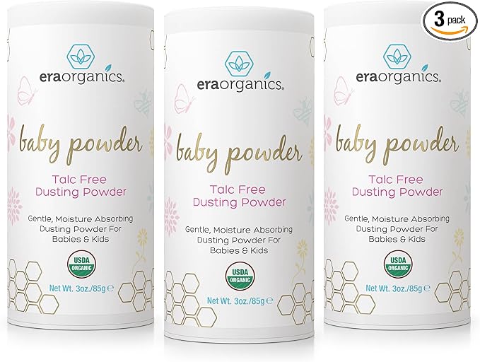 Era Organics Talc-Free Organic Baby Powder - USDA Organic Dusting Powder with Arrowroot, Calendula and Cornstarch for Newborns, Babies or Toddlers - Soothing, Fragrance Free (3oz/85g) - 3 Pack