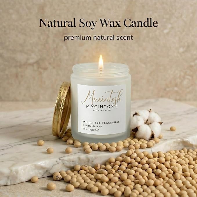 Macintosh Scented Candles for Home - 15% Essential Oil Luxury Aromatherapy - Handmade Natural Soy Wax Candle for Stress Relief & Relaxation - 9oz Frosted White Jar, 50H Clean & Non-Toxic Burn