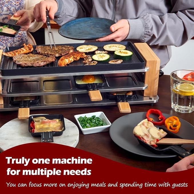 Raclette Table Grill, CUSIMAX Electric Indoor Grill, Korean BBQ Grill, 950W | Removable 2in1 Non-Stick Grill Plate/Temperature Adjustable/8 Cheese Pans & Wooden Spatulas/Wooden Base/Double-layer Design
